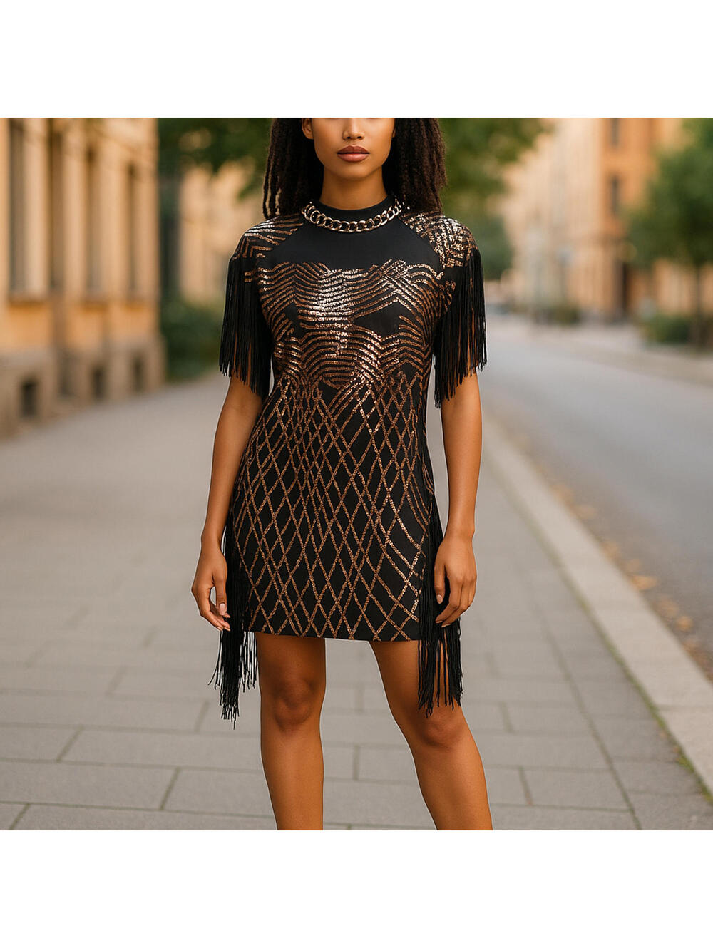 Womens Black Tassel Sleeve/Hem O Neck Evening/Cocktail Mini Dress Black Gold